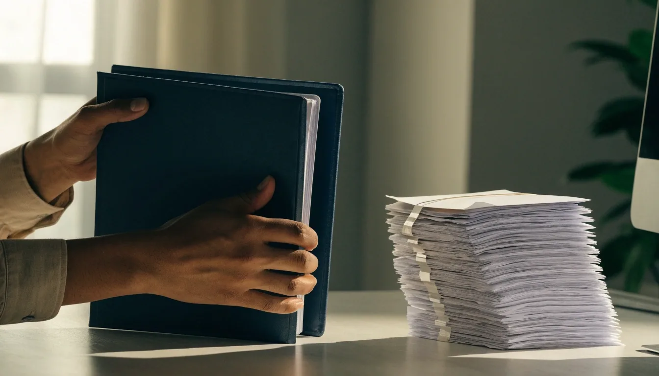 A printed ruled column page on a desk with a hand resting a pen beside it under overcast light
