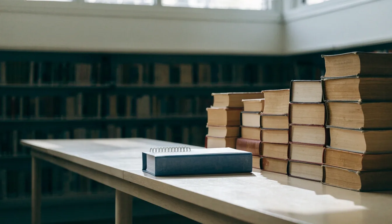 Reference stack and closed workpaper binder on a quiet reading-room desk under flat north light