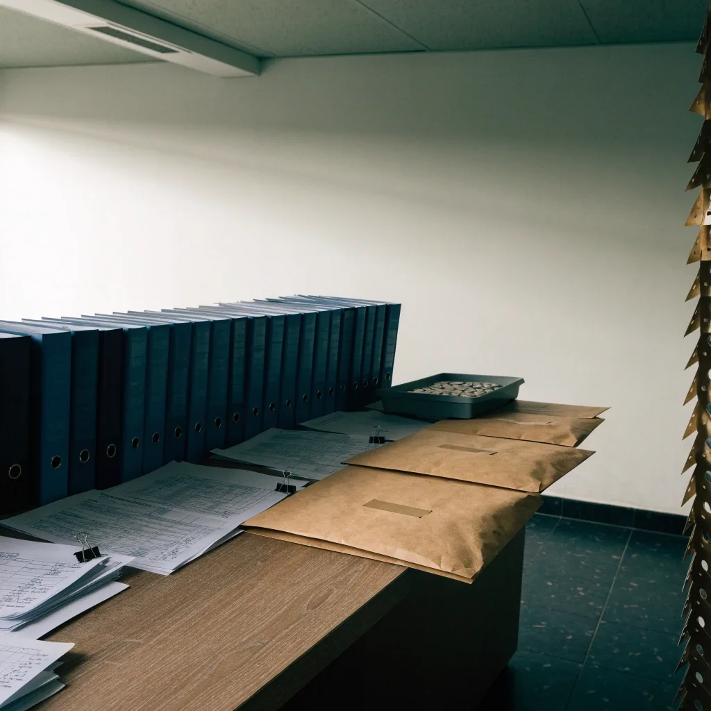 Finance binder beside shipping envelopes and a sample tray on a mid-market desk