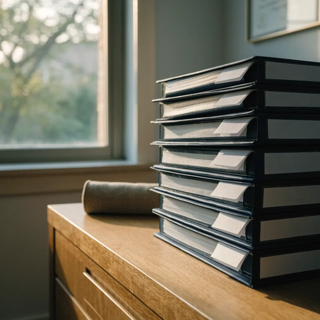 Stack of month-end close binders with exception tabs left open and a pen case beside them on a desk