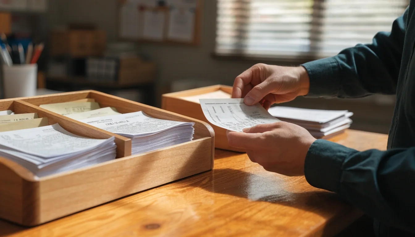 A receipt tray, a coded invoice folder, and a paper ledger page with a tick column on a bookkeeping desk