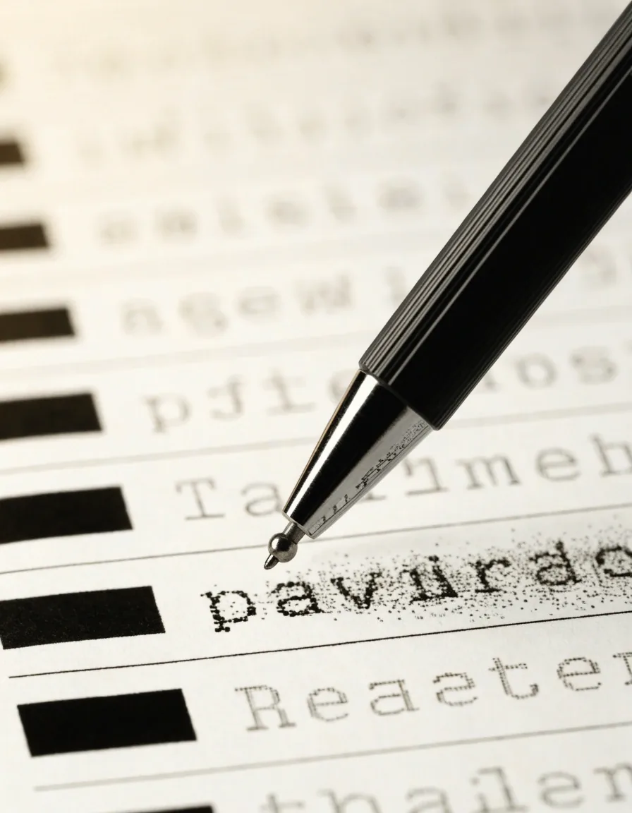 Printed reconciliation worksheet with ruled columns and a hand holding a pen over a stack of receipts